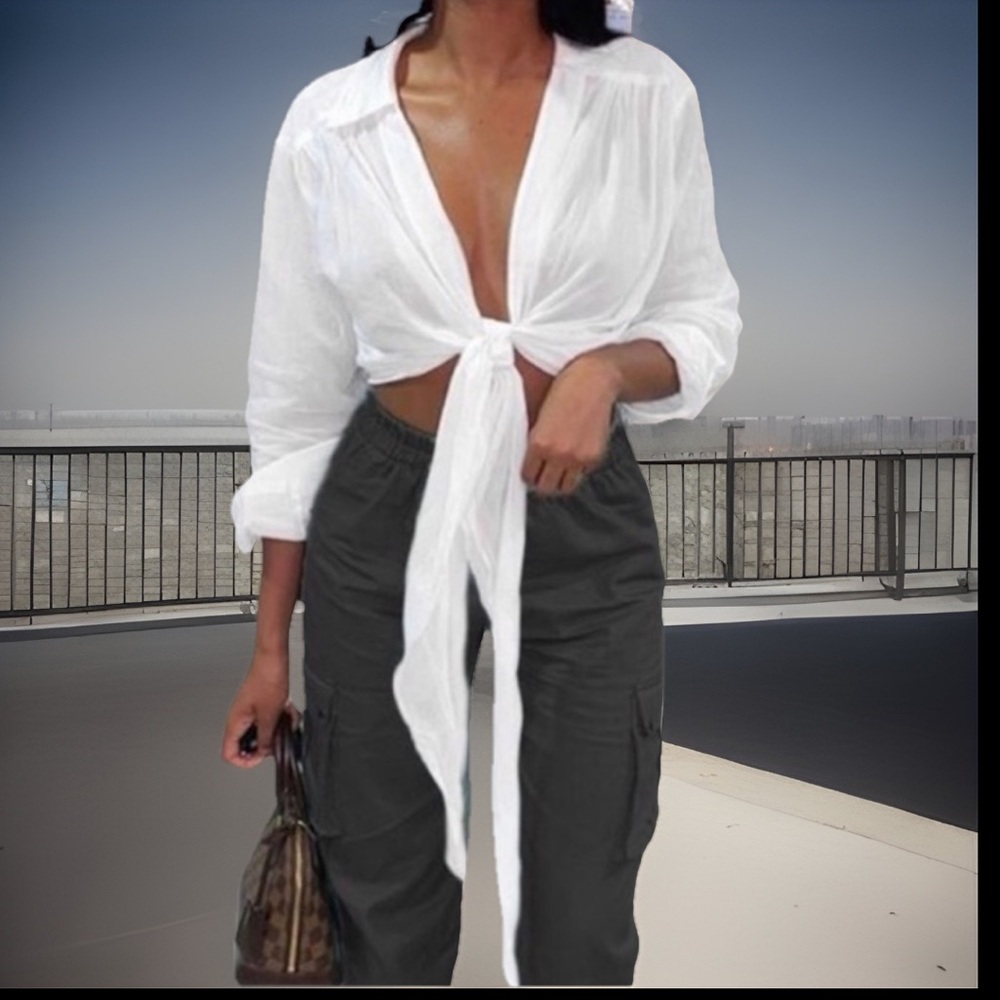 White Turn Down Collar Button Down Semi Sheer That Ties In The Front Crop Shirt